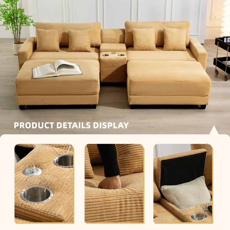 JUSTLET 111.8 Sectional Sofa with 2 Ottomans U Shaped Modern Modular Couch Oversized Corduroy 4 Seat Sofa with Storage Box USB TYPE C Port and