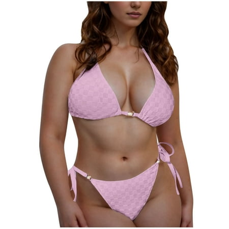 UTSJKR Triangle Thong Bikini Sets for Women Sexy String Brazillian Two Piece Swimsuit Halter String Tie Side Bathing Suit Pink S