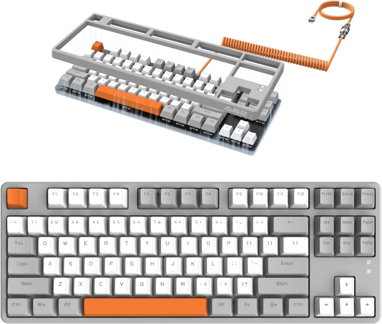 Ajazz AK873 Wired Hot Swappable Mechanical Keyboard, Coiled Cable, 22 RGB Backlit, Classic 3 Color PBT Floating Keycaps, 87% Keyboard with Detachable Magnet Cover, Custom DIY Keyboard