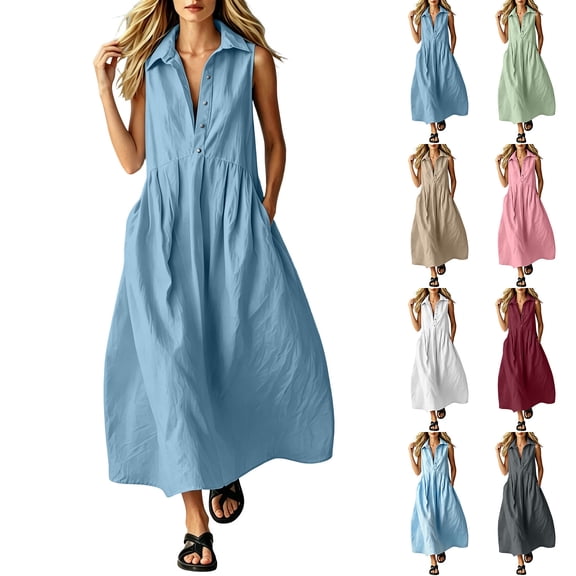 Women's Cotton Sleeveless Shirt Dress Collared Button Down Solid Color Casual Long Maxi Dress with Pockets Sky Blue XL(XL)