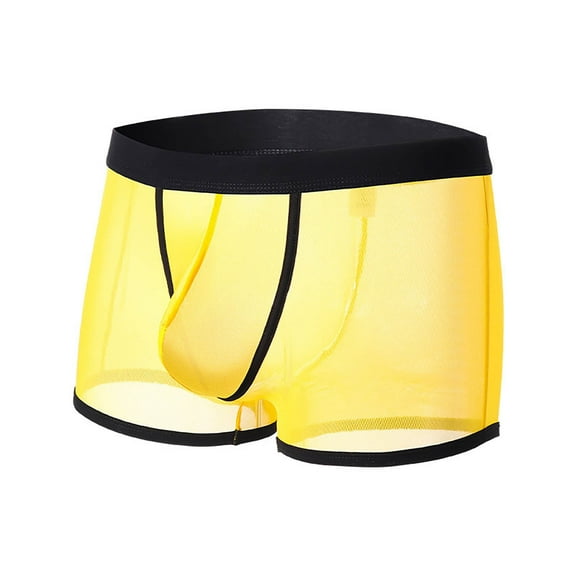 khonts,Men's Sexy Underwear Breathable Mesh Boxer Briefs See Through Hollow Underpants Yellow XL