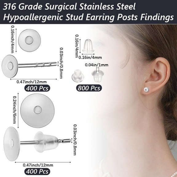 1 Box 800Pcs 316 Grade Surgical Stainless Steel Earrings Posts Flat Pad with Butterfly Earring Backs for Earring Making Findings (Tray: 4/6mm)