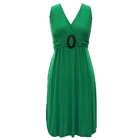 Midi Coated Buckle - Sleeveless Empire Waist Midi Dress With Oval Buckle