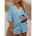thumbnail image 4 of Womens Sweater Set 2 Piece Outfits Oversized 3/4 Sleeve V Neck Knit Tops High Waisted Shorts Lounge Sets Blue M, 4 of 8