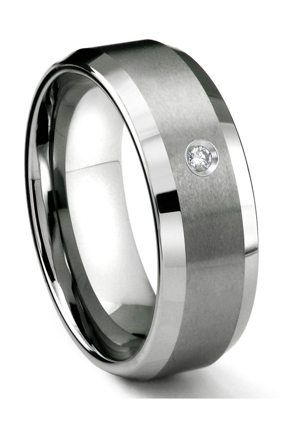 Tungsten Carbide 8MM Satin Finish Beveled Diamond Solitaire Comfort Fit Mens Wedding Band Ring Sz 9.0