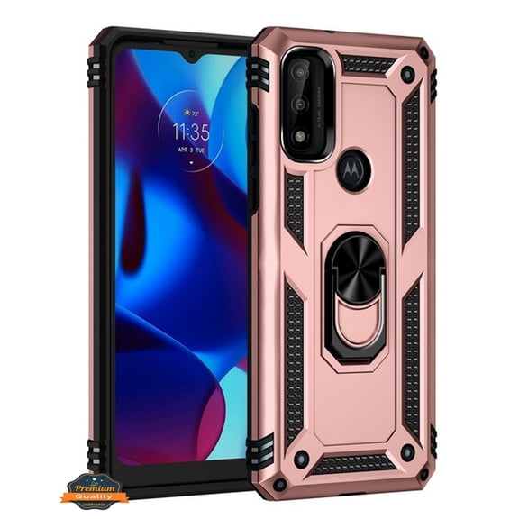 For Motorola Moto G Pure Shockproof Hybrid Dual Layer PC   TPU with Ring Stand Metal Kickstand Heavy Duty Armor Shell Phone Case Cover by Xpression [Rose Gold]
