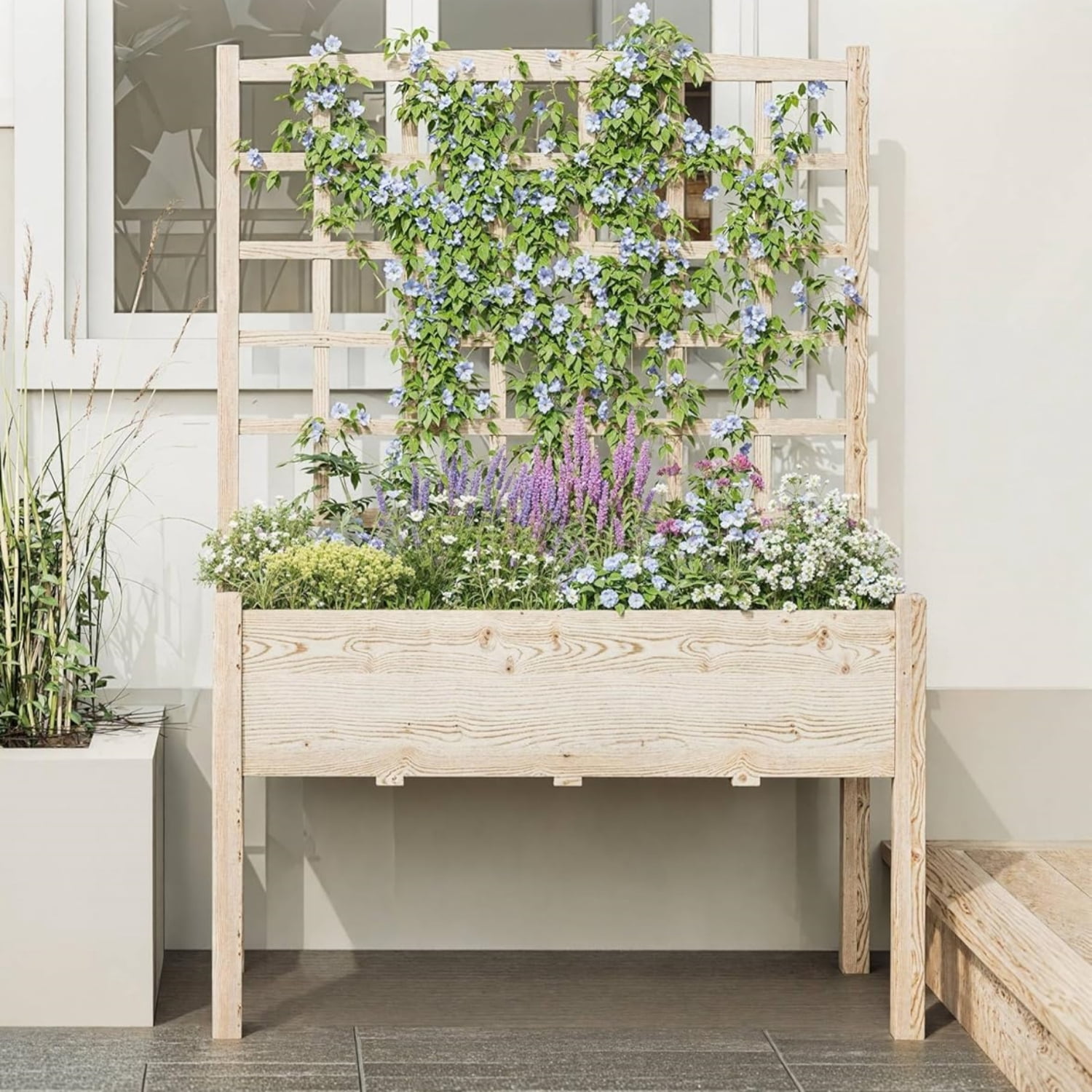 Riedhoff Raised Garden Bed with Lattice Trellis, 46 x 23 x 65", with Legs, Oak