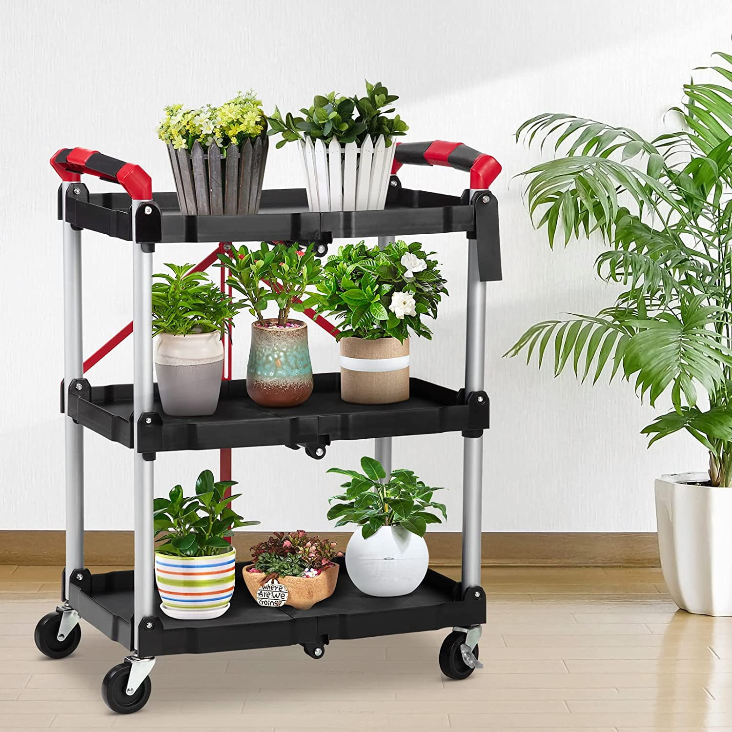 Collapsible 3-Tier Rolling Utility Cart Lockable Wheels Collapsible, Heavy-Duty Service Cart 56 lbs Per Shelf, Ideal for Home, Office, Garage, Warehouse