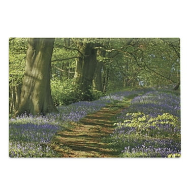 Woodland Cutting Board, Carpet of Bluebells Spreads Through Woodland in Staffordshire England, Decorative Tempered Glass Cutting and Serving Board, Large Size, Green Purple Brown, by Ambesonne