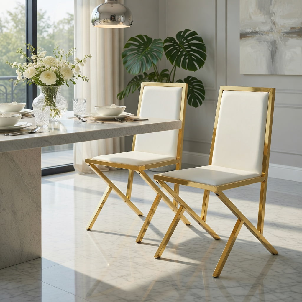Hommoo 2-Pack Modern PU Leather Dining Chairs with Metal Frame, Ergonomic Back Support, Adjustable Non-Slip Feet, Easy Assembly, White & Gold