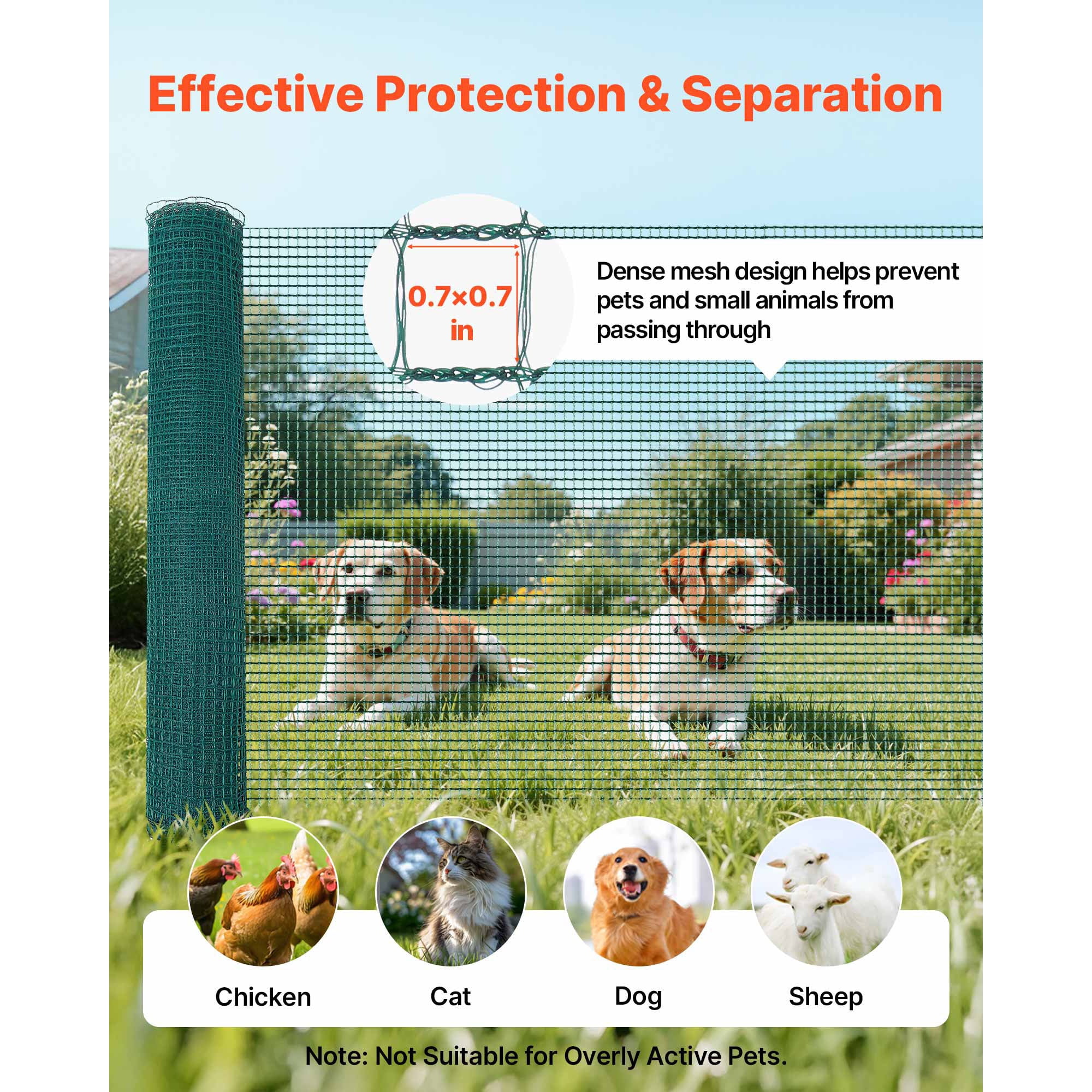 KFFKFF Temporary Fence with Posts, 3 x 98.4 FT Plastic Mesh Fencing, Garden Safety Netting with Double-Spike Stakes & Guy Ropes, Ideal for Dogs, Chickens, Plants, and Outdoor Spaces
