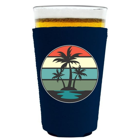Retro Palm Trees Pint Glass Coolie (Navy Blue)