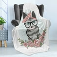 thumbnail image 4 of Kitten Soft Flannel Fleece Blanket, Hipster Cool Cat with Spectacles Scarf Necklace Earrings and Flowers Little Hearts, Cozy Plush for Indoor and Outdoor Use, 70" x 90", Multicolor, by Ambesonne, 4 of 5