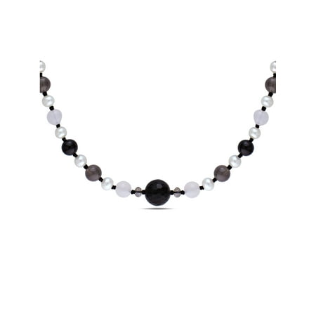 - Tangelo 7-8mm White and Pink Freshwater Cultured Pearl and 125 Carat T.G.W. White, Grey and Black Agate Beaded Adjustable Rope Necklace, 16