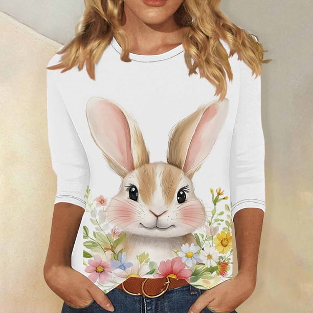 TaTaai Women Casual 3/4 Sleeve Crew Neck Top Easter Print Pullover T-Shirt Ladies Spring Holiday Street Wear Lightweight Soft Non-See-Through No Fading Breathable Stylish Top Gift