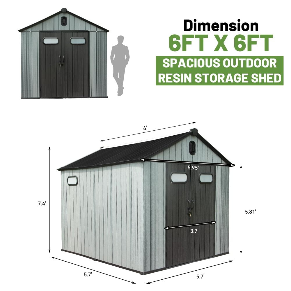 Outdoor 6x6 FT Resin Storage Shed – Waterproof Plastic Shed with Lockable Door, Windows, and Vents for Garden Tools, Patio Furniture, and Lawn Mower