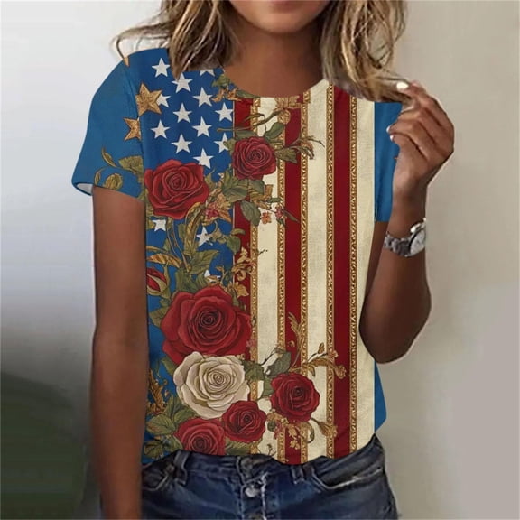 4th of July Patriotic T-Shirts Women American Flag Print Casual Short Sleeve Tee Tops