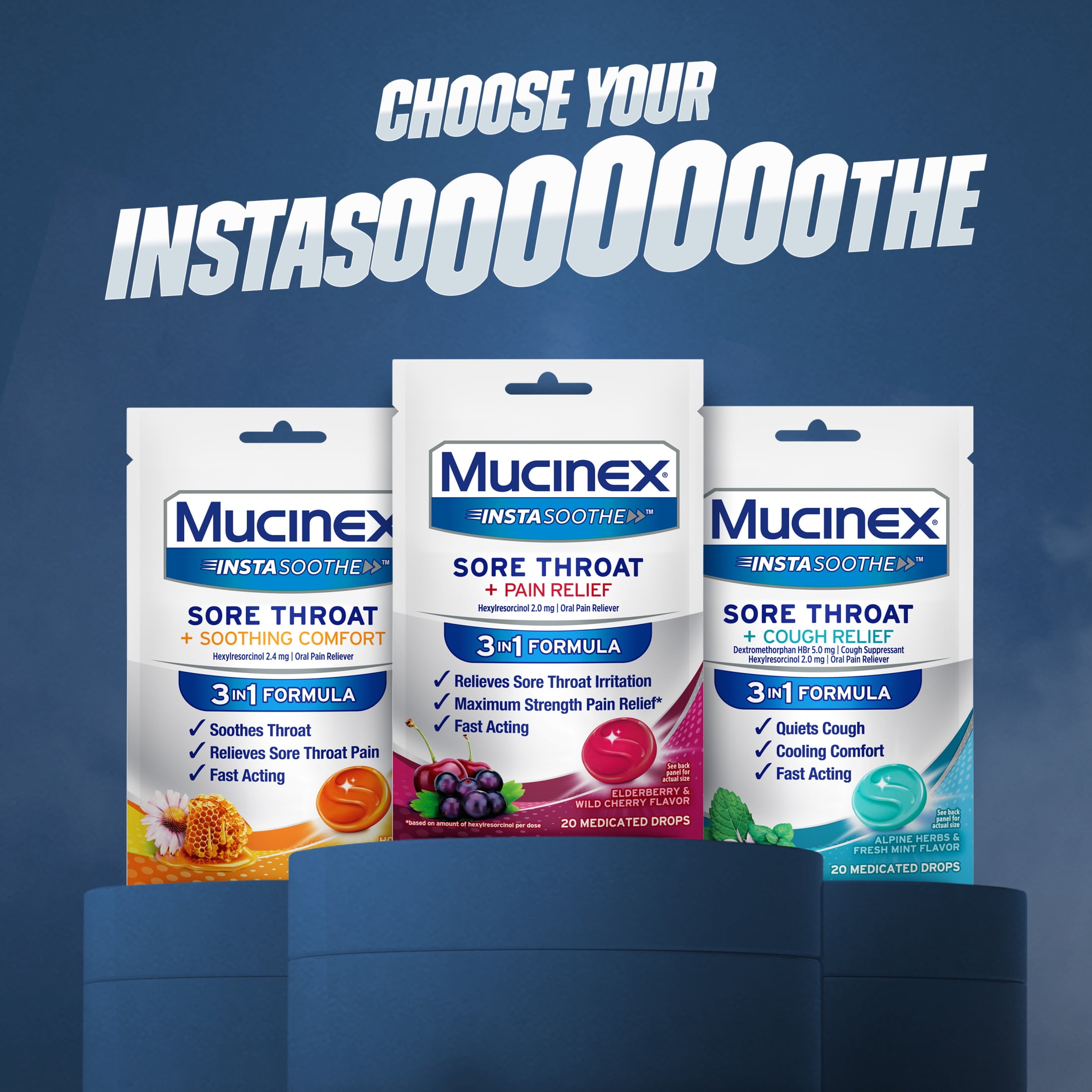 Mucinex Instasoothe Sore Throat Lozenges, Elderberry & Cherry Flavor, 40 Count, Medicated Throat Drops, FSA/HSA Eligible