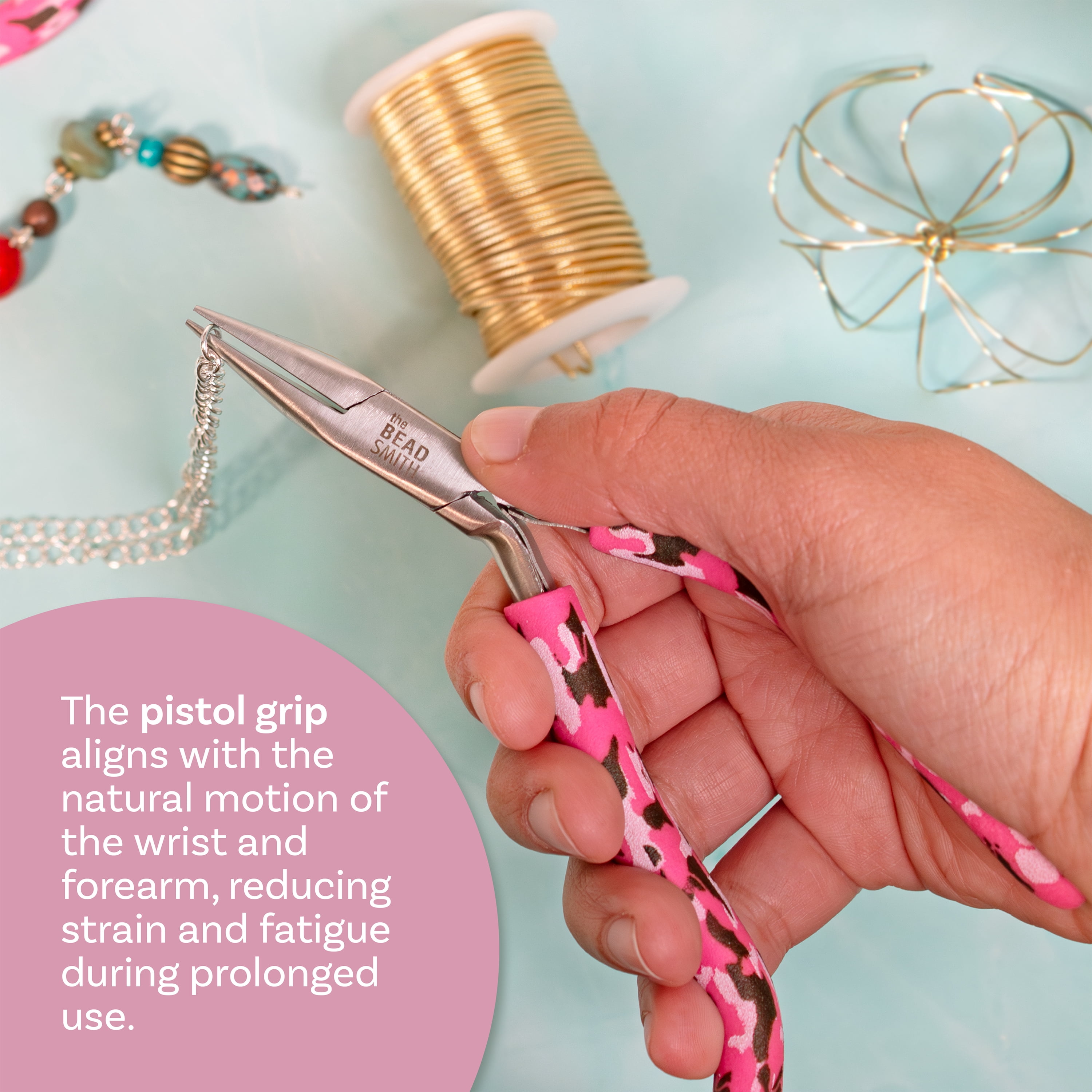 The Beadsmith Pink Camouflage Set - 6 Piece Kit: Pistol Grip Chain Nose, Round Nose, Flat Nose, Side Cutter Pliers w/ Tweezers, Reamer and Zippered Pouch – 6 Inch Jewelry Making Tools