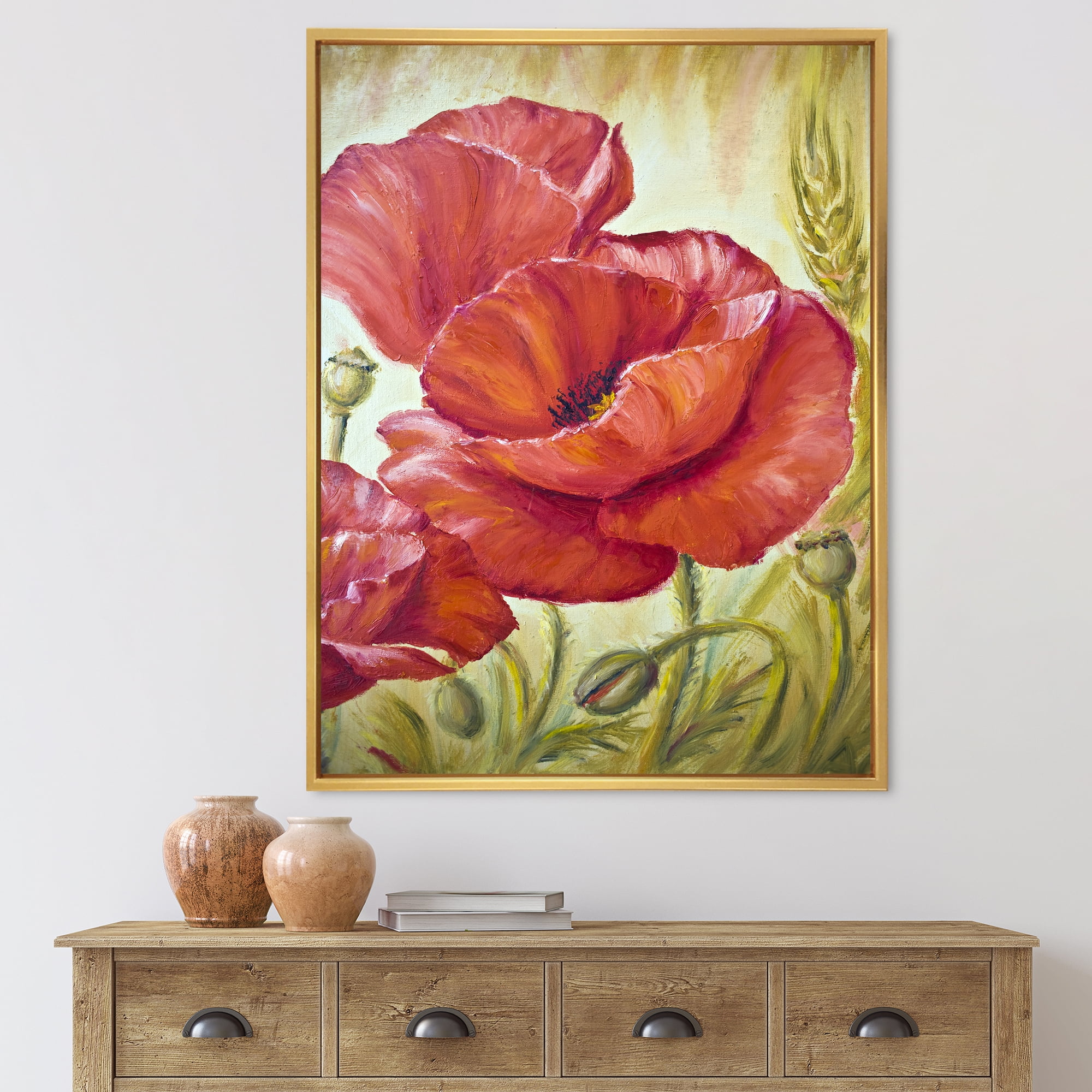 Designart 'Blossoming Red Poppies In Wheat Fields I' Traditional Framed Canvas Wall Art Print