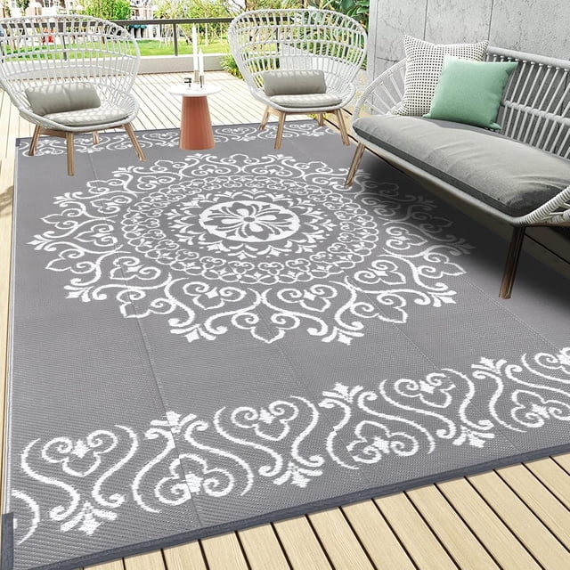 Outdoor Rug x Reversible Outdoor Plastic Straw Rug Large Outdoor Patio Rug RV Mat Outside Indoor Outdoor Rugs for Patio RV Balcony Deck Picnic Backyard Porch Grey