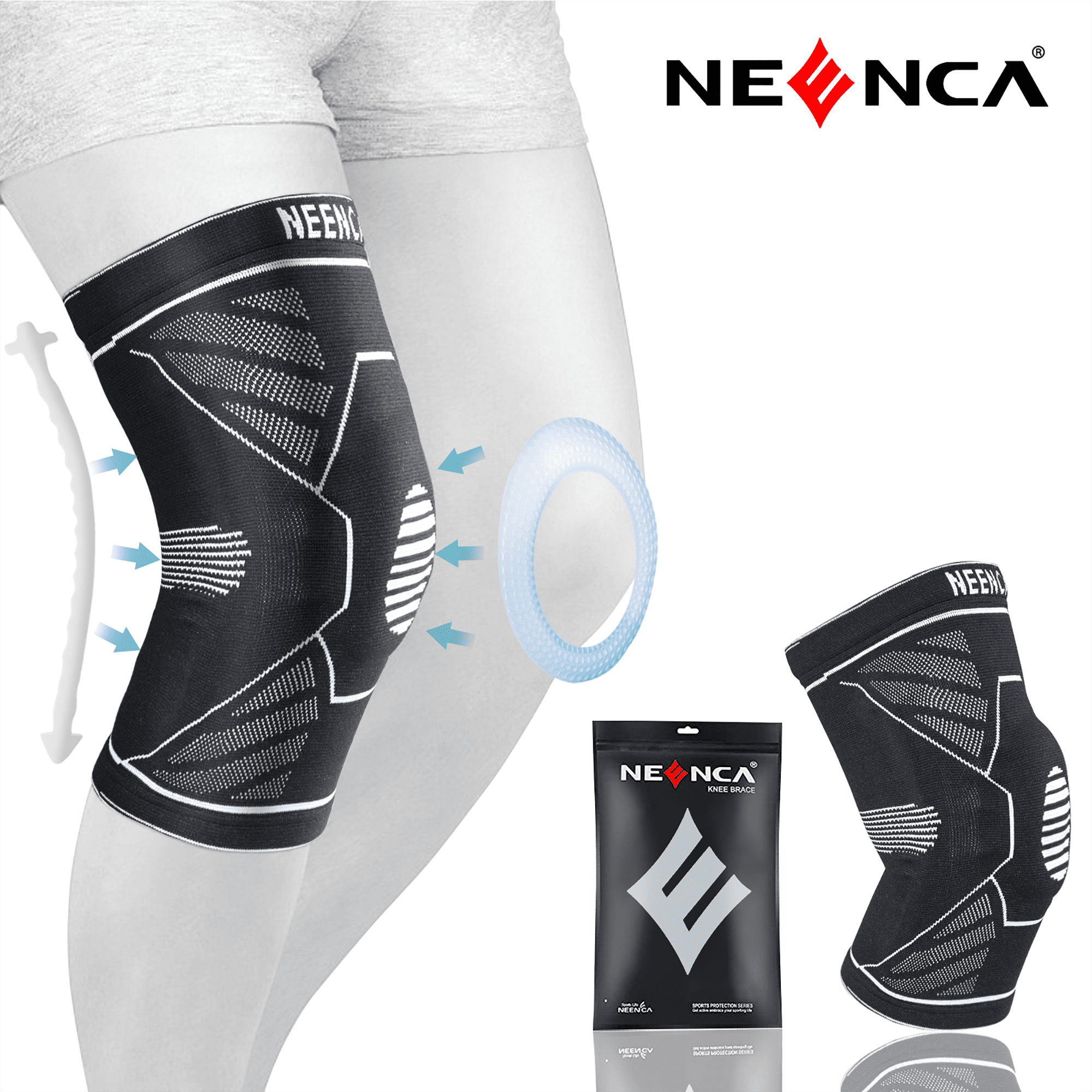 Knee Brace, Neenca Knee Support Sleeve, Basketball Knee Pad, White (XL