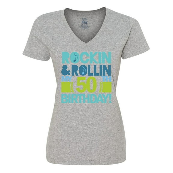 Inktastic 50th Birthday Rock N Roll Women's V-Neck T-Shirt