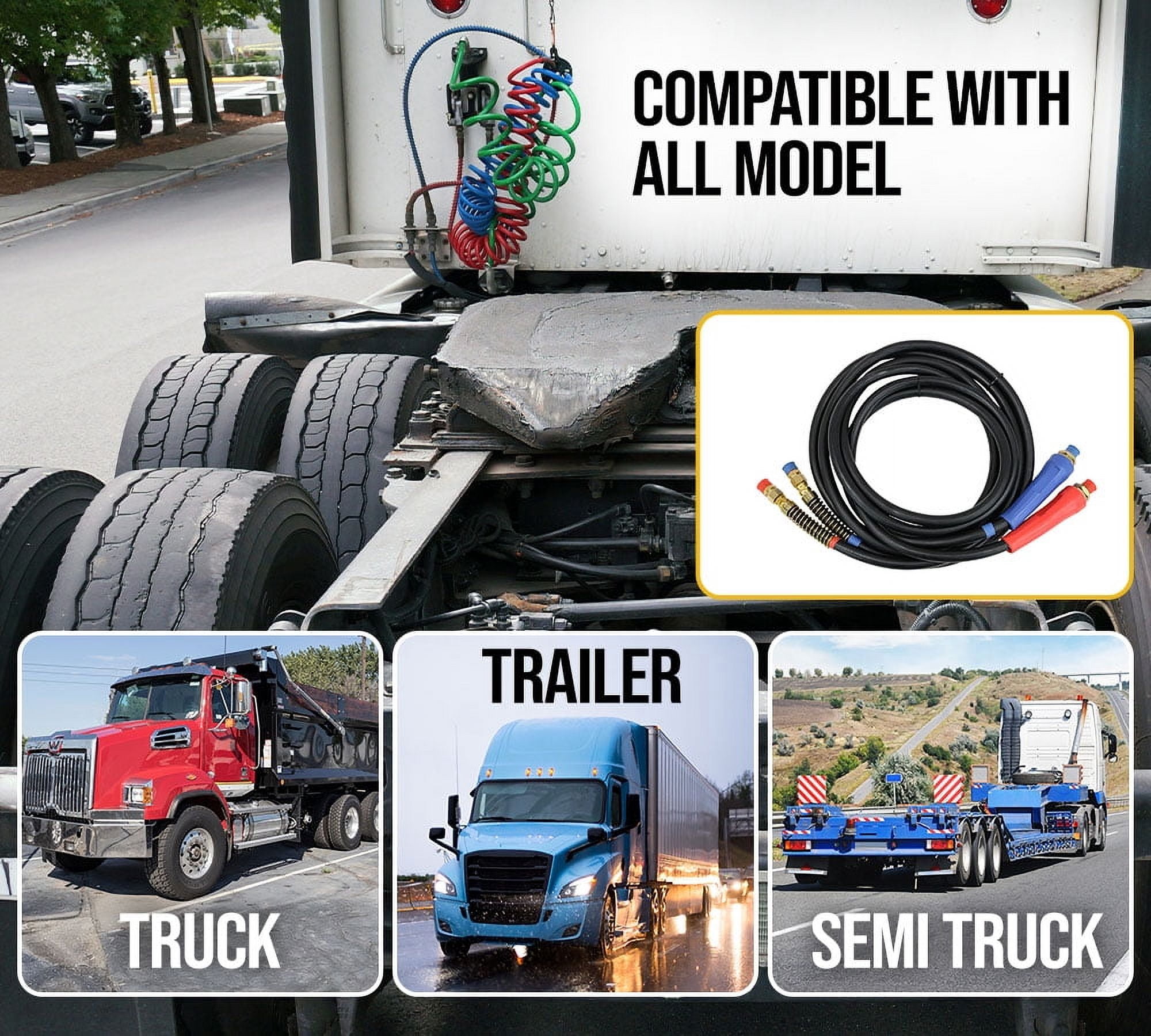 15 Ft Air Line Hose Assemblies with Flexible Grips & 1/2" NPT Fittings - 1 pair (2 pcs) - Air Line Hose Straight Lead Set for Semi Truck, Trailer, Tractor