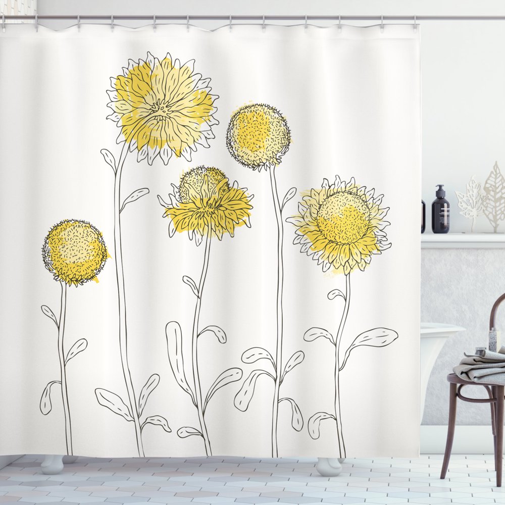 Yellow Flower Shower Curtain, Hand Drawn Style Sunflowers on Twigs Petals Growth Botany