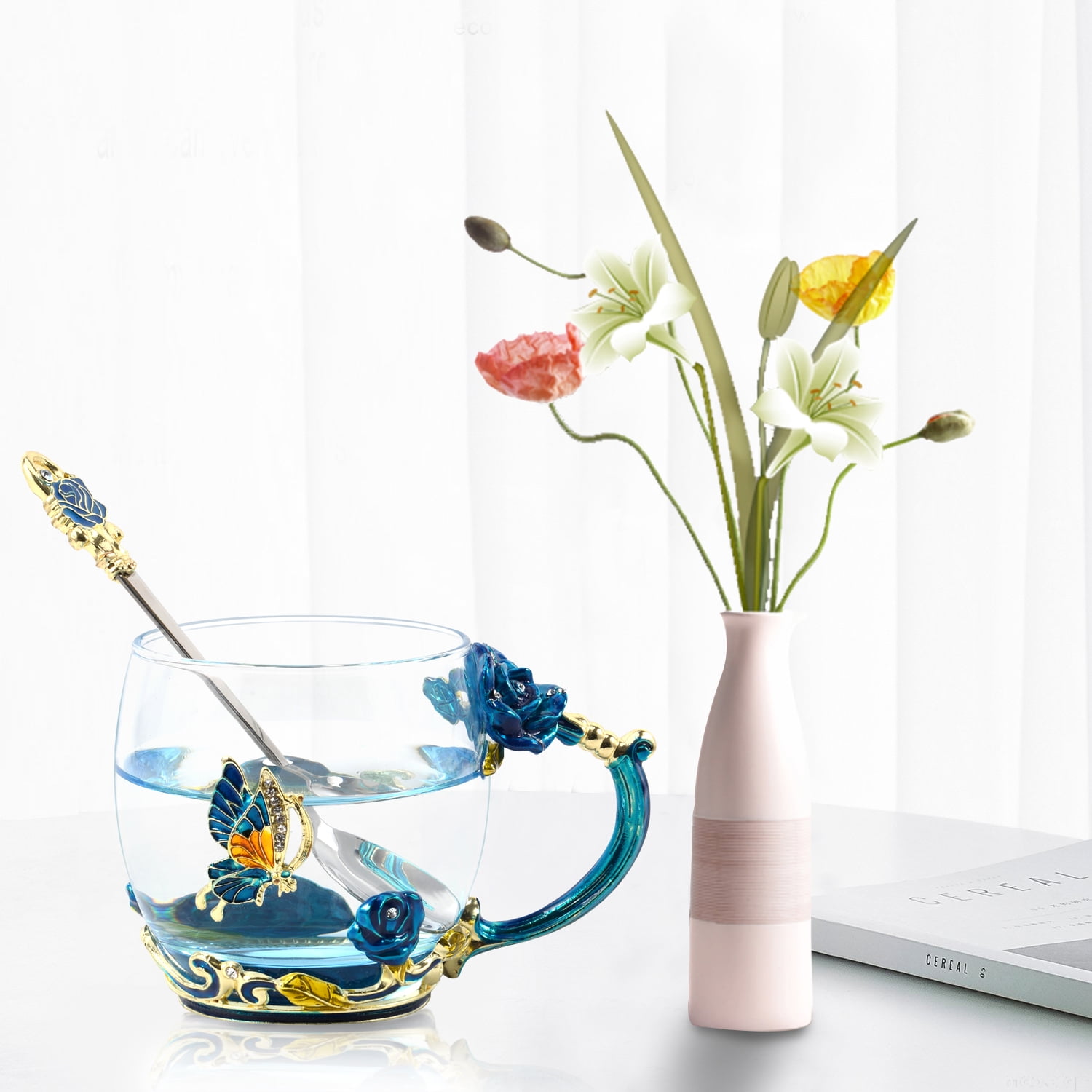 Tea Mug, Coffee Cup with Spoon Set Clear Glass Handmade Enamel Butterfly Flower,Mother's Day,Birthday,Christmas Gift