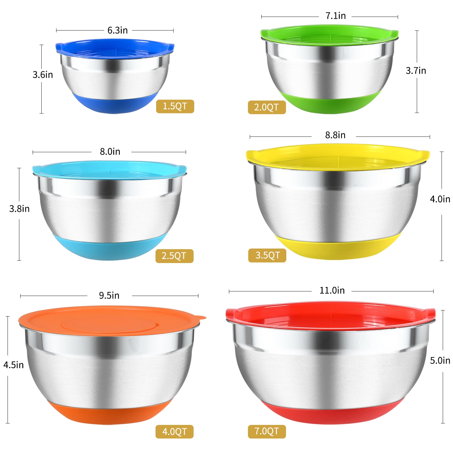 YIHONG Stainless Steel Mixing Bowls Set, 7 Pcs Metal Bowls with Lids for  Kitchen, 0.7-4.5 Quarts, White