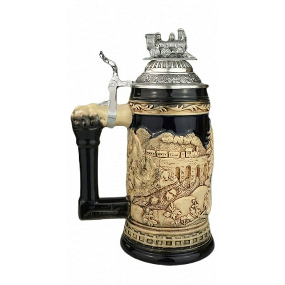 German Train Stein, cobalt, unpainted, ptd. pewter Trainlid, 0.5 liter tankard, beer mug