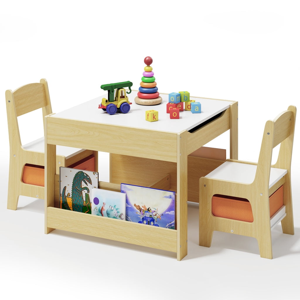 Aiho 3 Piece Child Table and Chair Set, 4-in-1 Kids Table Set, Child Activity Desk with Chalkboard/Whiteboard and Bookshelf - Retro