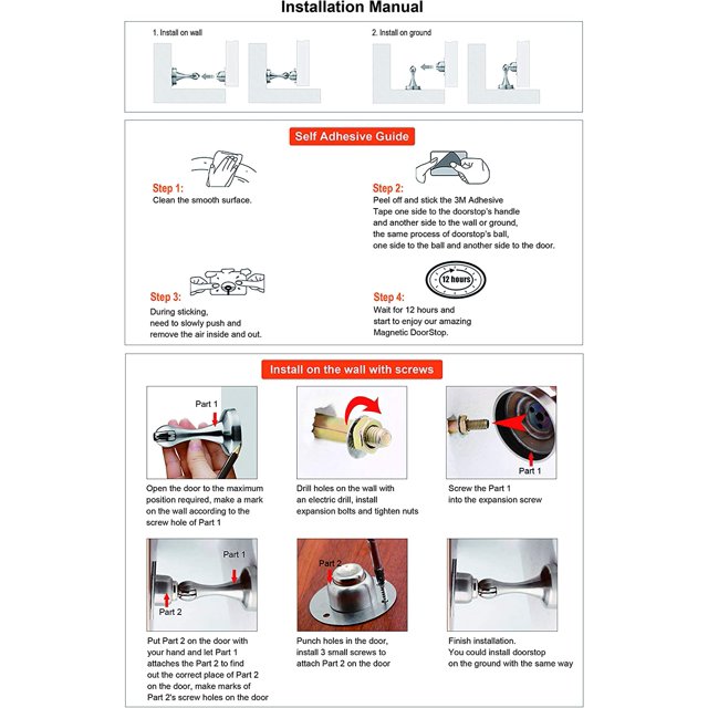 2 topes magnéticos para puerta de acero inoxidable, topes para puerta para montaje en pared o suelo con cinta adhesiva de doble cara o tornillos, no requiere perforación. ZefeiWu 8390614849624