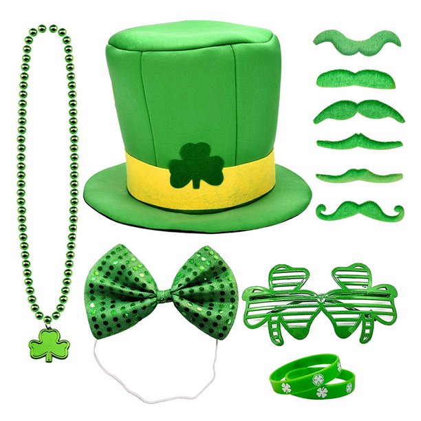 1 juego de collar de cuentas para fiesta, bigote, gafas de trébol, pulsera de regalo, sombrero de pajarita de trébol, suministros para fiesta del Día de San Patricio, accesorios de decoración para f