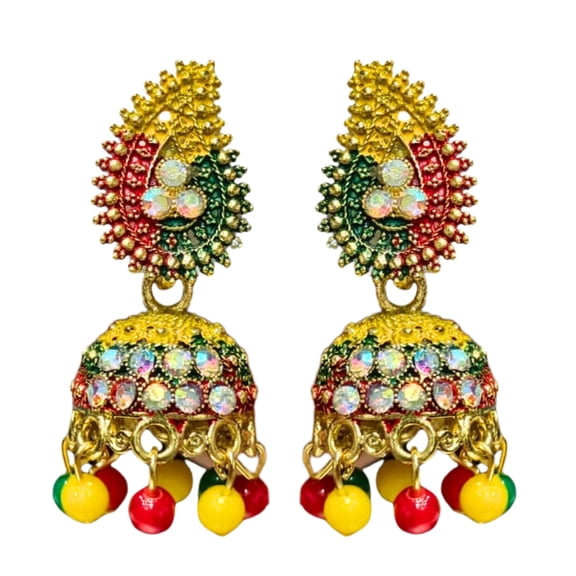 Traditional Multicolor Jhumka Dangle Earrings with Dome Design and Hanging Bead Charms