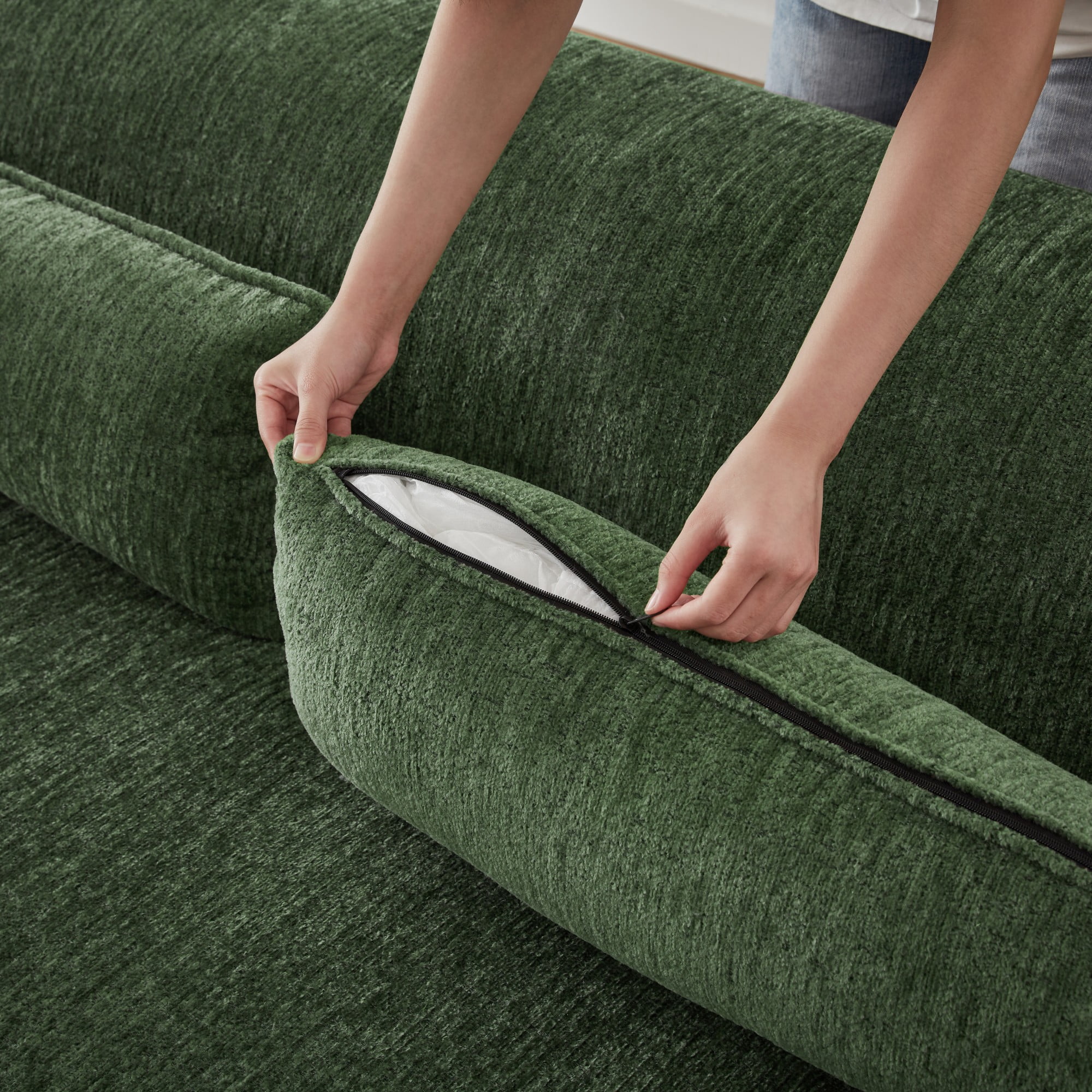 AENKYO Chenille L-Shaped Oversized Sectional Sofa, Minimalist Sleeper Couch for Living Room or Apartment, No Assembly Required (Green,Left-Facing Chaise)