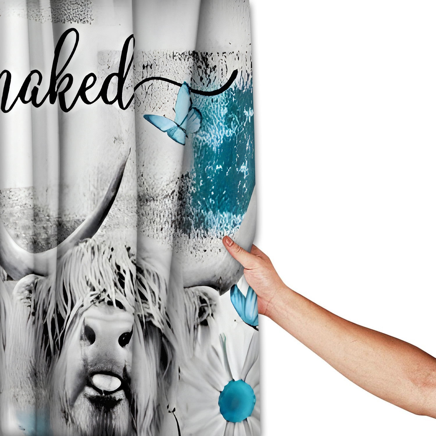 PLUTARCHON 4pcs Highland Cow Bathroom Set - Turquoise Fabric Shower Curtain & Rug, Get Naked Funny Modern Decor, 70.8"x70.8"