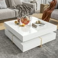 thumbnail image 2 of Dovelina Modern High Gloss Coffee Table with 4 Drawers, Multi-Storage Square Cocktail Tea Table with Wood Grain Legs, Center Table for Living Room, 31.5''x31.5'', White, 2 of 9