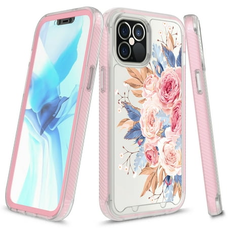 iPhone 12 Pro Max Case (6.7"), Rosebono Graphic Design Shockproof Impact Resistant Protective Full-Body Rugged Clear Hybrid Bumper Case for iPhone 12 Pro Max (Pink Flower)