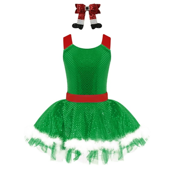 TTAO Girls Miss Santa Ice Skating Dance Sets Sequins Cutout Back Tutu Princess Dress with Hairclip Green 4