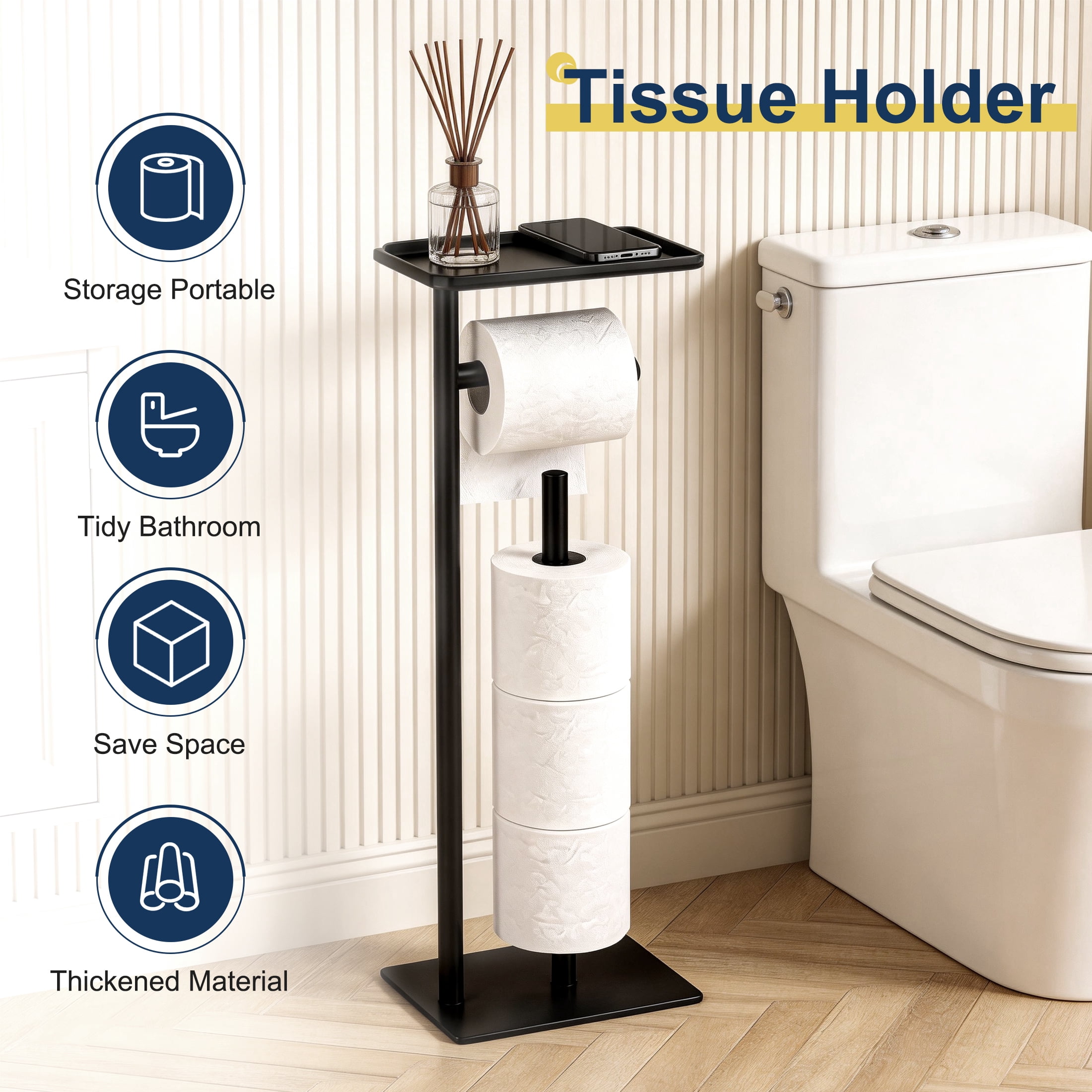Toilet Paper Holder Stand, Toilet Paper Holder with Top Storage Shelf, Black Freestanding Toilet Paper Holder, Bathroom Storage Organizer for 4 Reserve Rolls Space-Saving