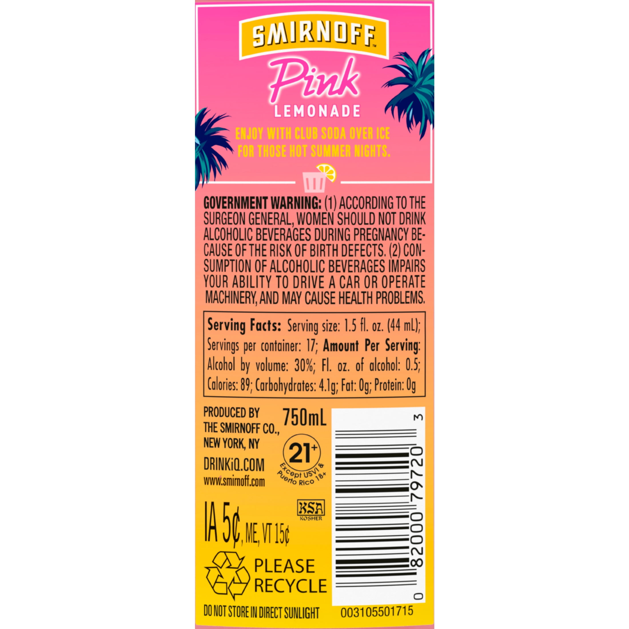Smirnoff Pink Lemonade (Vodka Infused With Natural Flavors), 750 mL, 30% ABV