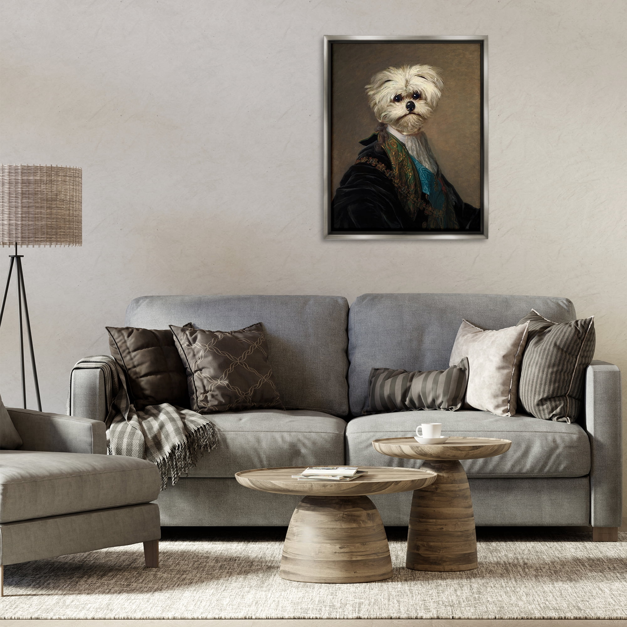 Stupell Industries Regal Bichon Frise Portrait Animals & Insects Painting Gray Floater Framed Canvas Art Print Wall Art, 25 x 31