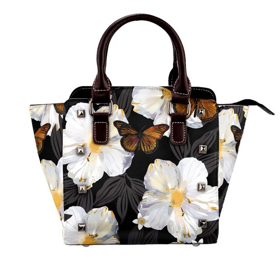 Vintage Flowers Butterfly Rivet Handbag Studded Satchel One-Shoulder Tote Bag for Women