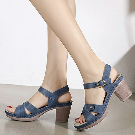 

Back to College Tejiojio Clearance Sandals Women Casual Imitation Wood Thick High Heel Elegant Buckle Vintage Roman Shoes