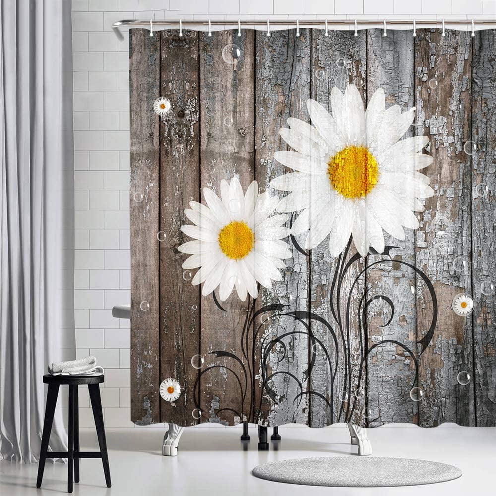 Farmhouse Daisy Shower Curtains, Gray Rustic Daisy Flowers on Country