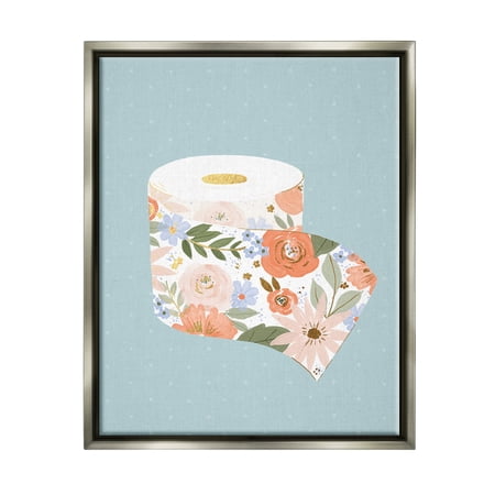 Stupell Industries Spring Floral Print Toilet Paper over Blue Luster Gray Framed Floating Canvas Wall Art, 16x20, by Loni Harris