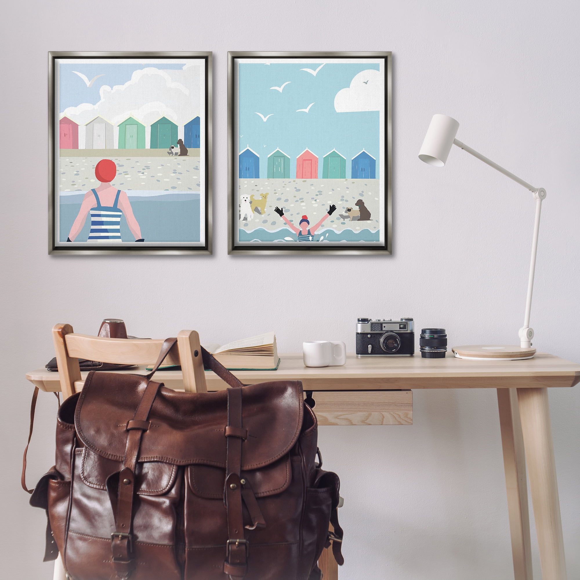 Stupell Industries Beach Changing Huts Dogs Nautical & Beach Painting Gray Floater Framed Canvas Art Print Wall Art, 31 x 25, Set of 2