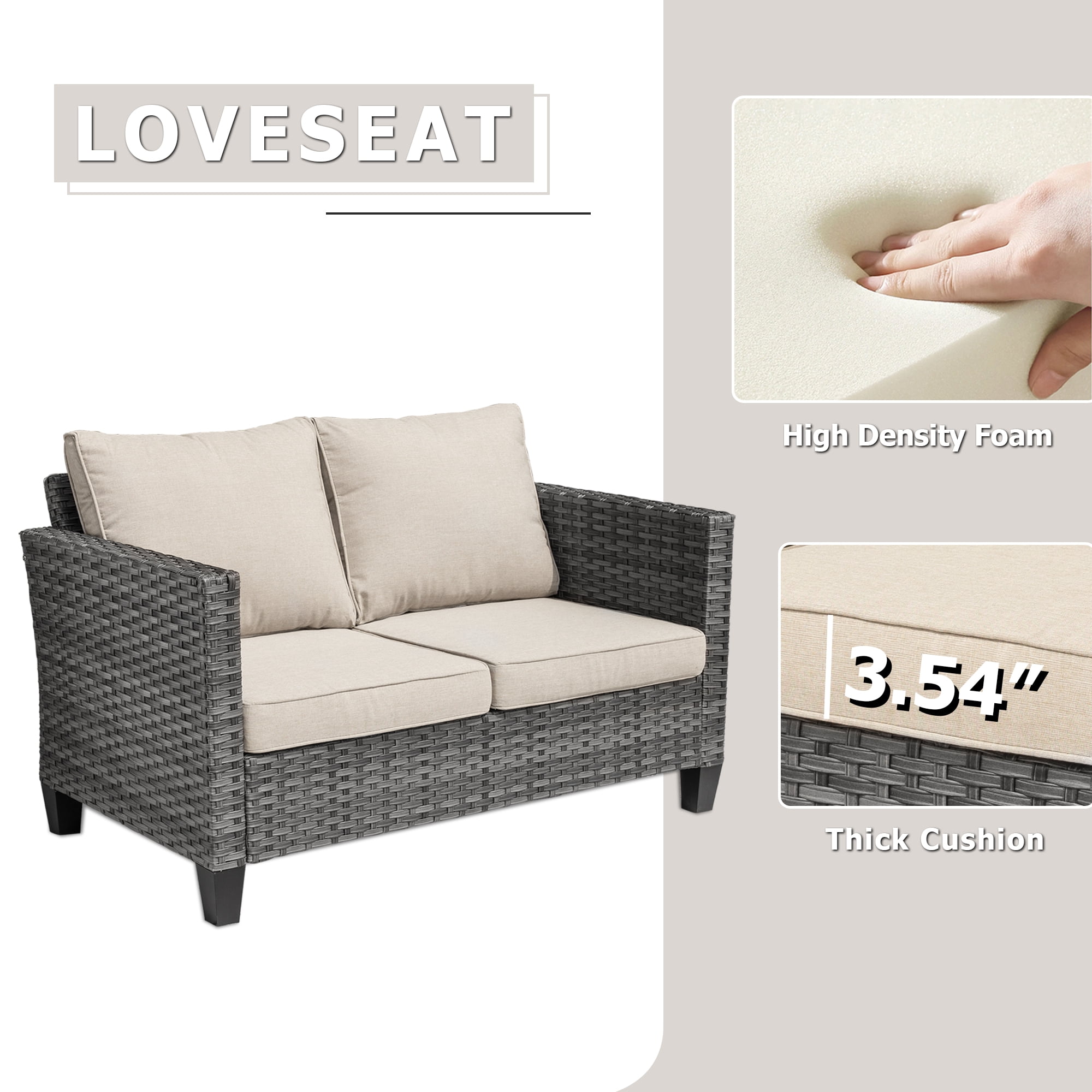 XIZZI Outdoor Furniture 50" Loveseat Sofa Couch with Gray Wicker Rattan(Beige Cushion)
